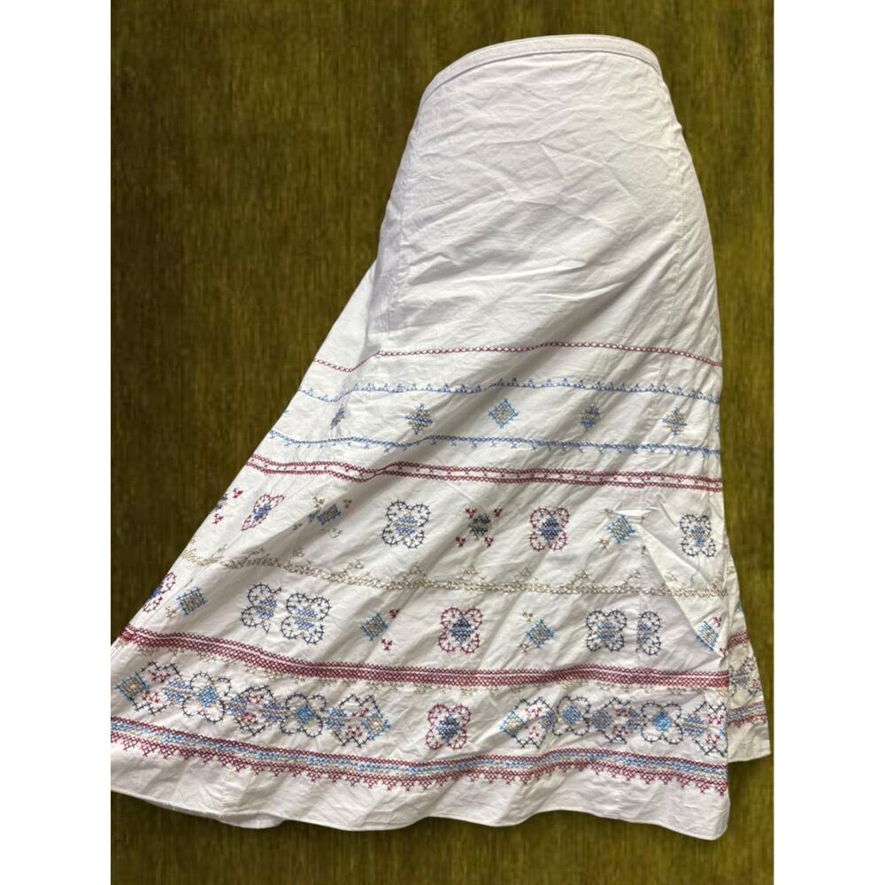 Festival Boho Cotton Cottagecore Summer White  Embroidered Midi Skirt
